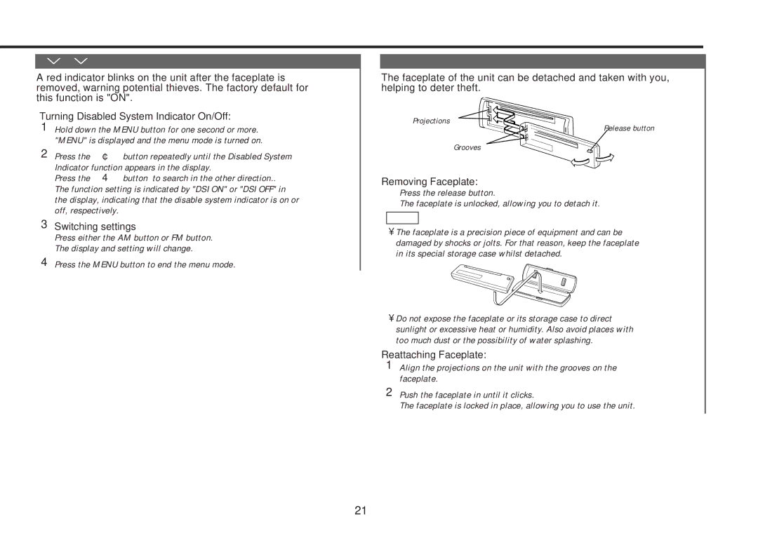 Kenwood KDC-4060RA DSI Disabled System Indicator, Theft Deterrent Faceplate, Turning Disabled System Indicator On/Off 