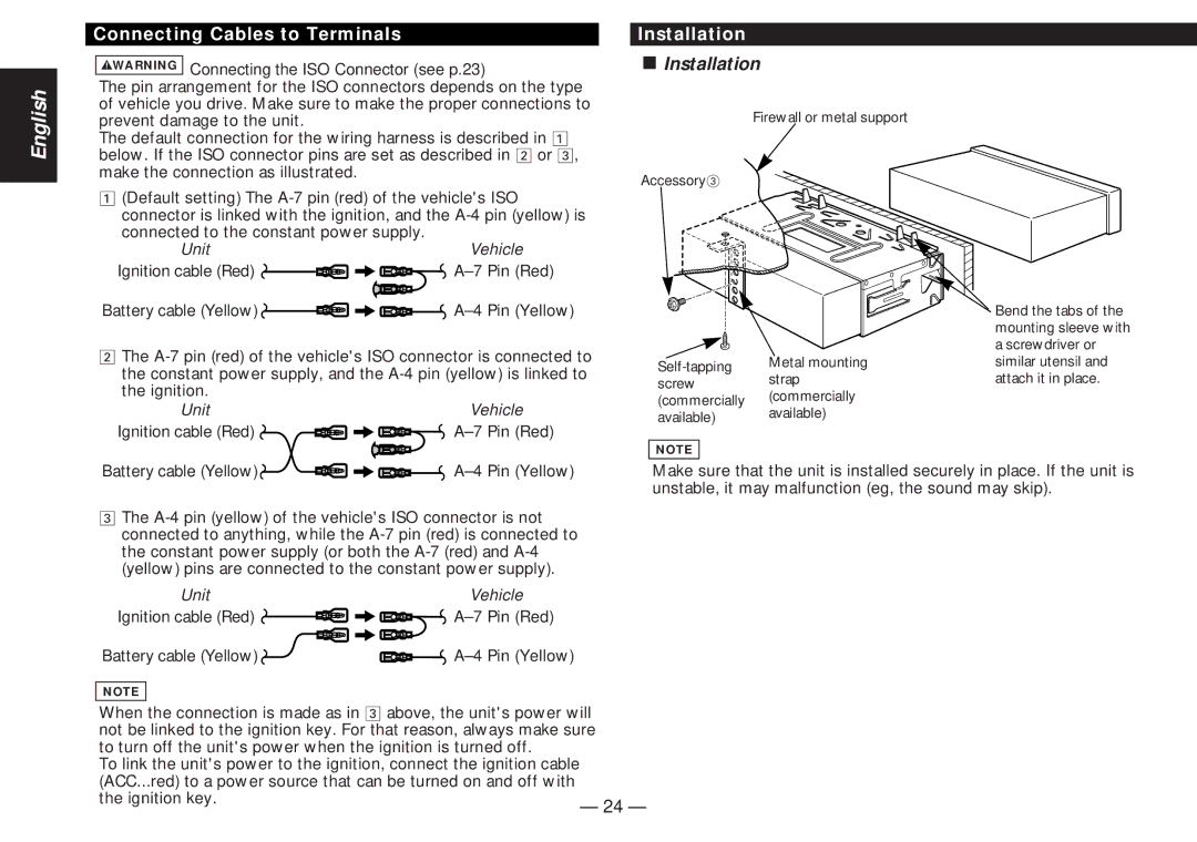 Kenwood KDC-4060RG, KDC-4060RA instruction manual Installation, Unit Vehicle Ignition cable Red 