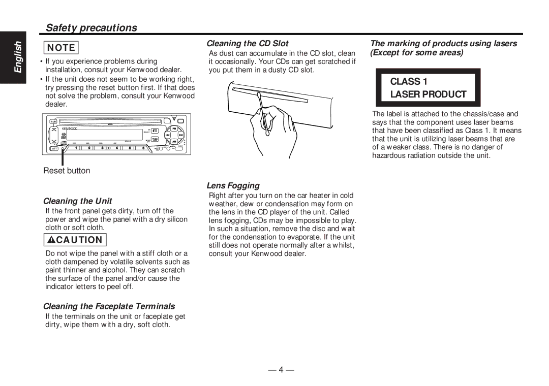 Kenwood KDC-4060RG Cleaning the CD Slot, Marking of products using lasers Except for some areas, Cleaning the Unit 