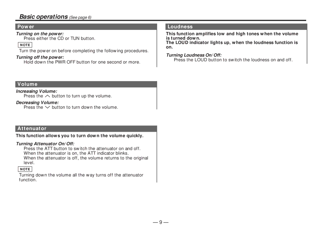 Kenwood KDC-4060RA, KDC-4060RG instruction manual Basic operations See, Power, Volume, Attenuator, Loudness 