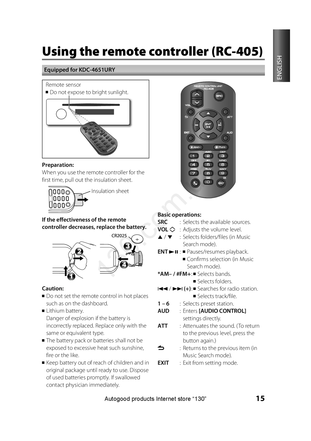 Kenwood KDC-415UA, KDC-4551UB Using the remote controller RC-405, Equipped for KDC-4651URY, Preparation, Basic operations 