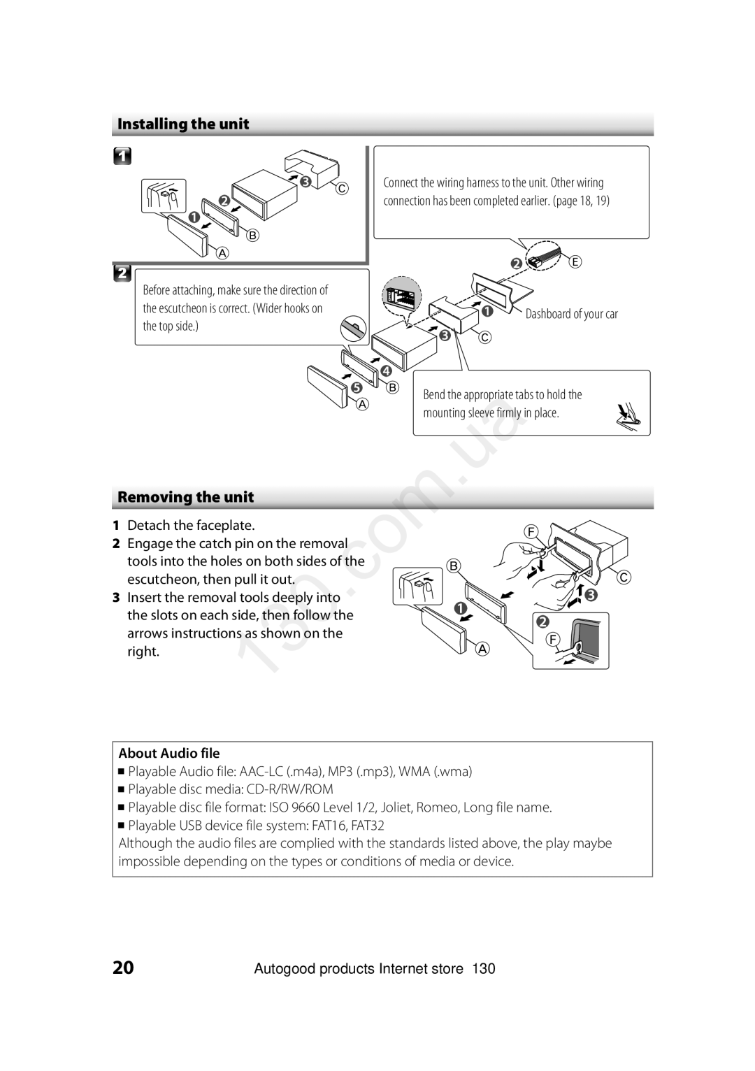 Kenwood KDC-4551UB, KDC-4451UQ, KDC-4651URY Installing the unit, Removing the unit, Dashboard of your car, About Audio file 