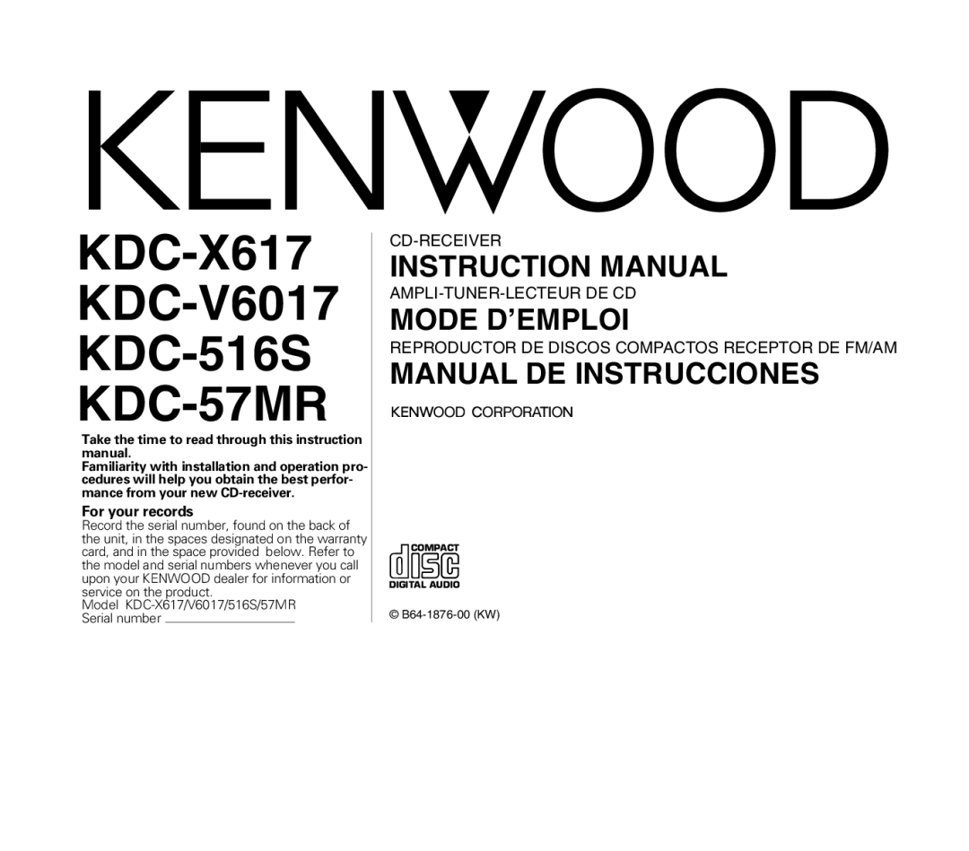 Kenwood instruction manual KDC-X617 KDC-V6017 KDC-516S KDC-57MR 