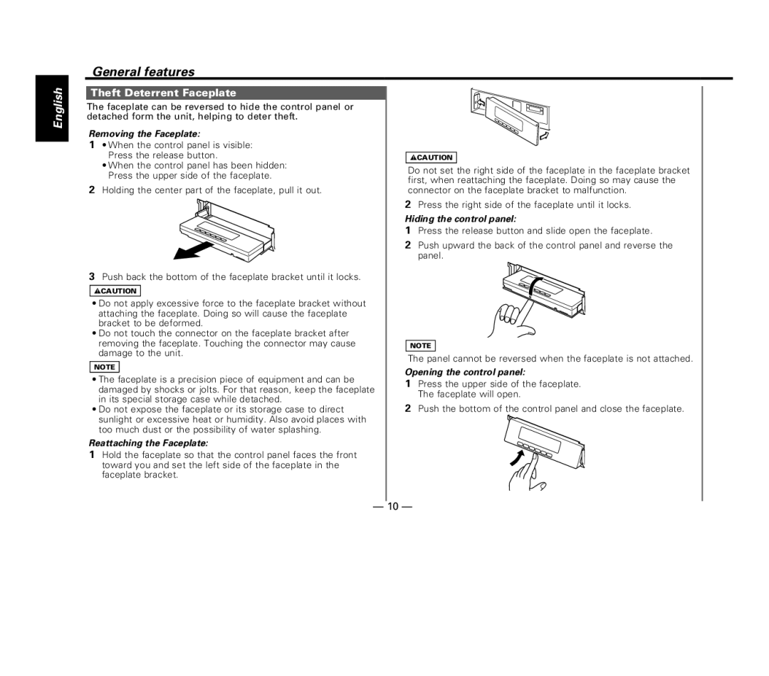 Kenwood KDC-V6017 Theft Deterrent Faceplate, Removing the Faceplate, Reattaching the Faceplate, Hiding the control panel 