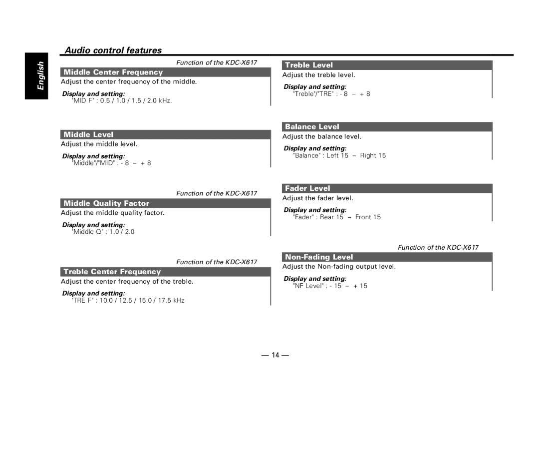 Kenwood KDC-V6017 Middle Center Frequency, Treble Level, Middle Level, Middle Quality Factor, Treble Center Frequency 