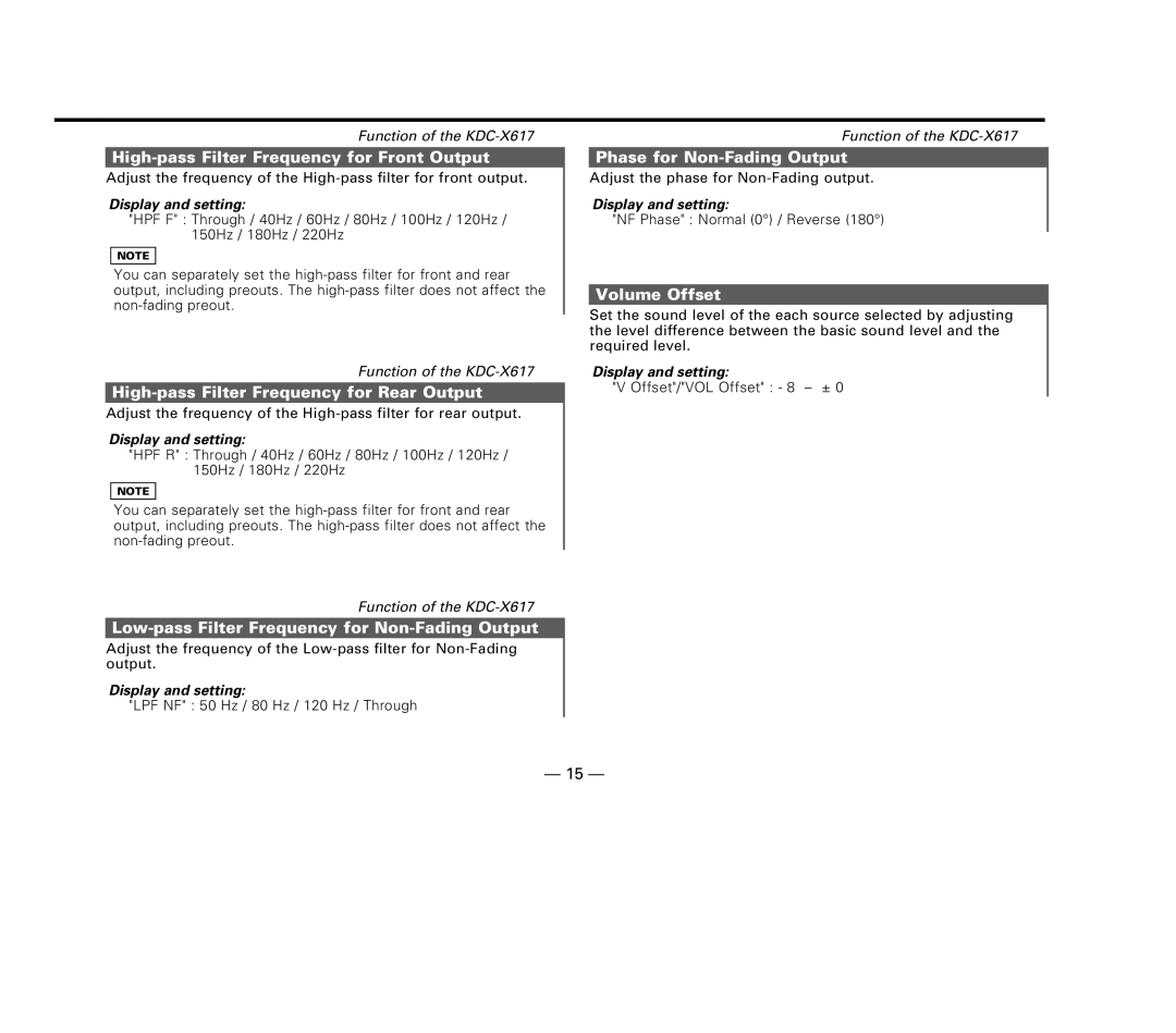 Kenwood KDC-X617 High-pass Filter Frequency for Front Output, High-pass Filter Frequency for Rear Output, Volume Offset 