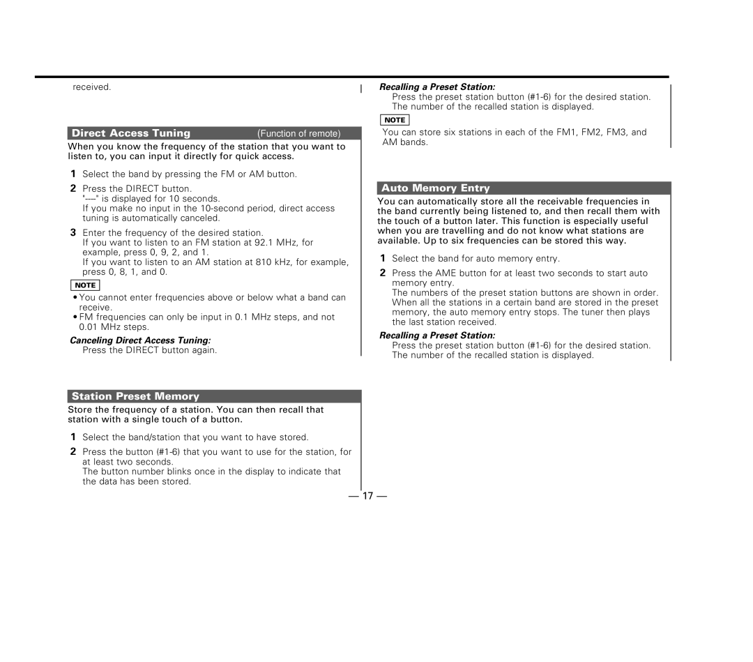 Kenwood KDC-57MR Auto Memory Entry, Station Preset Memory, Canceling Direct Access Tuning, Recalling a Preset Station 