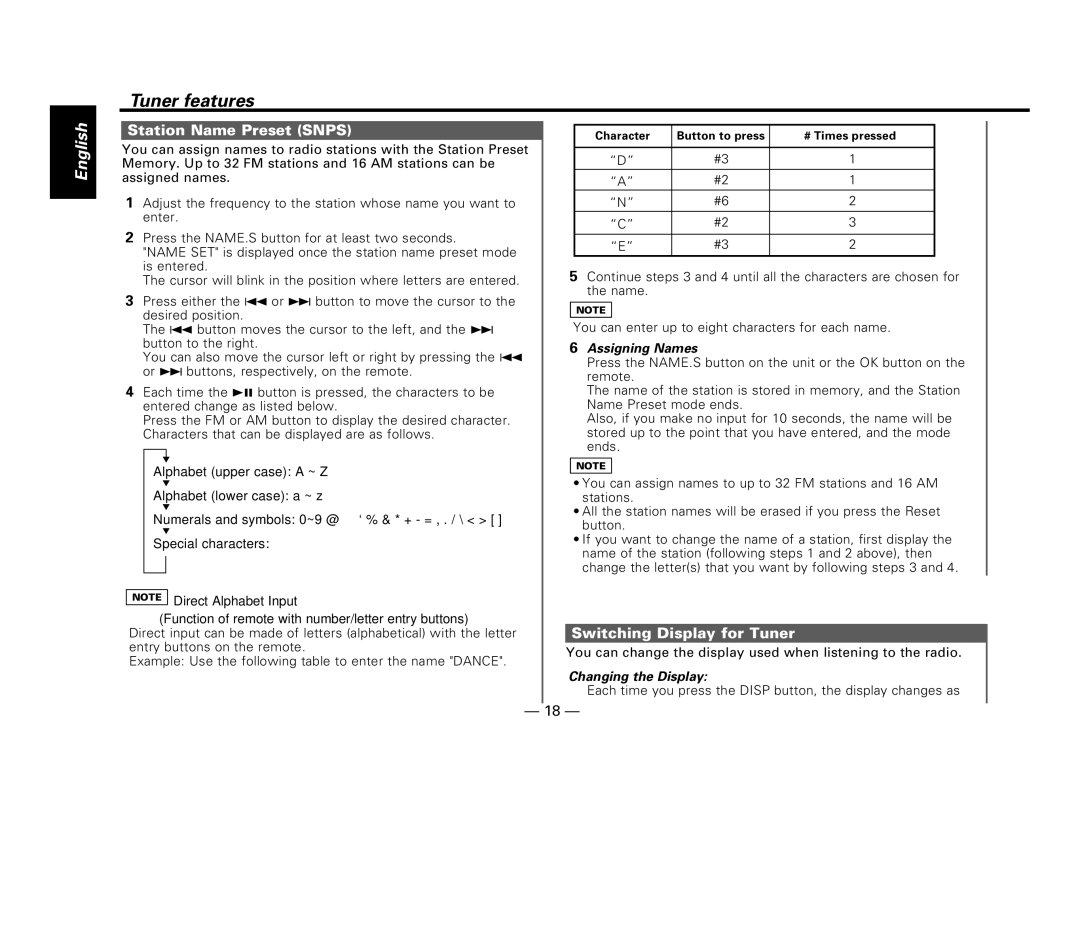 Kenwood KDC-V6017, KDC-516S Station Name Preset Snps, Switching Display for Tuner, Assigning Names, Changing the Display 