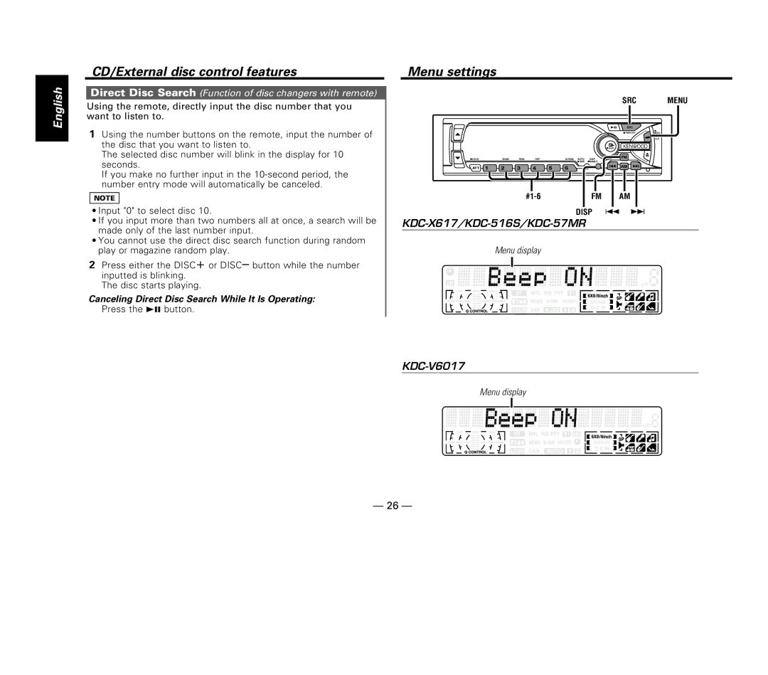 Kenwood KDC-V6017, KDC-516S, KDC-57MR, KDC-X617 Menu settings, Canceling Direct Disc Search While It Is Operating 