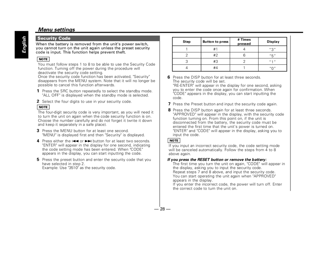 Kenwood KDC-516S, KDC-57MR, KDC-V6017, KDC-X617 Security Code, If you press the Reset button or remove the battery 