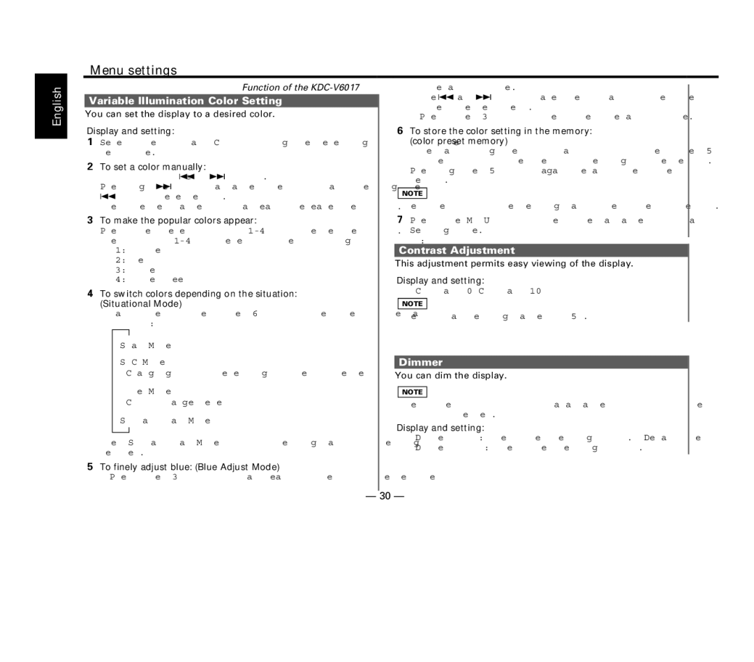 Kenwood KDC-V6017, KDC-516S, KDC-57MR, KDC-X617 Variable Illumination Color Setting, Contrast Adjustment, Dimmer 