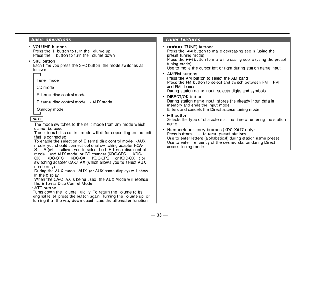 Kenwood KDC-57MR, KDC-516S, KDC-V6017, KDC-X617 instruction manual Basic operations, Tuner features 