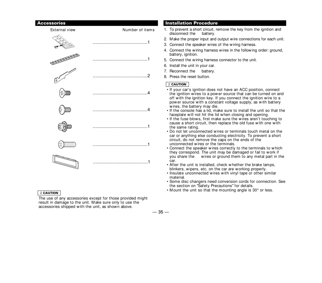 Kenwood KDC-X617, KDC-516S, KDC-57MR, KDC-V6017 instruction manual Accessories, Installation Procedure 