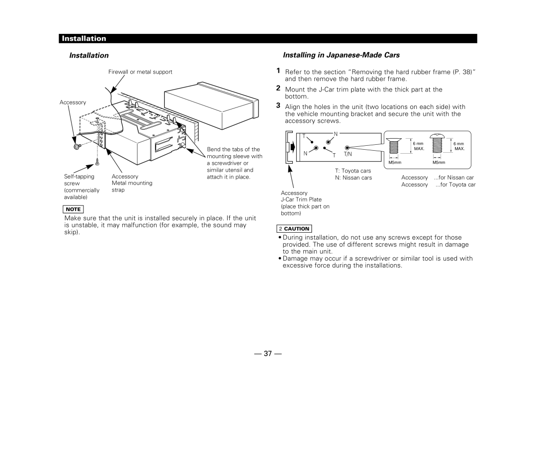 Kenwood KDC-57MR, KDC-516S, KDC-V6017, KDC-X617 instruction manual Installation, Installing in Japanese-Made Cars 