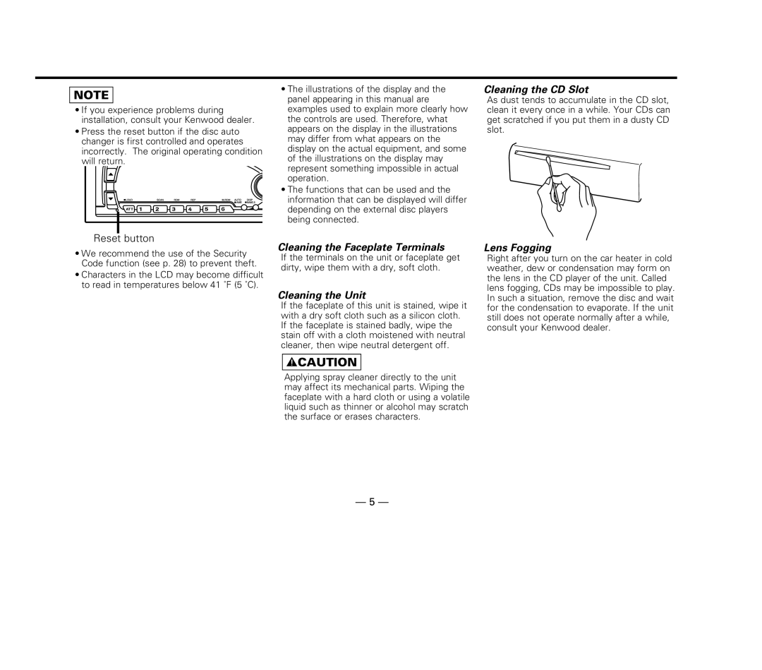 Kenwood KDC-57MR, KDC-516S Cleaning the CD Slot, Cleaning the Faceplate Terminals, Cleaning the Unit, Lens Fogging 