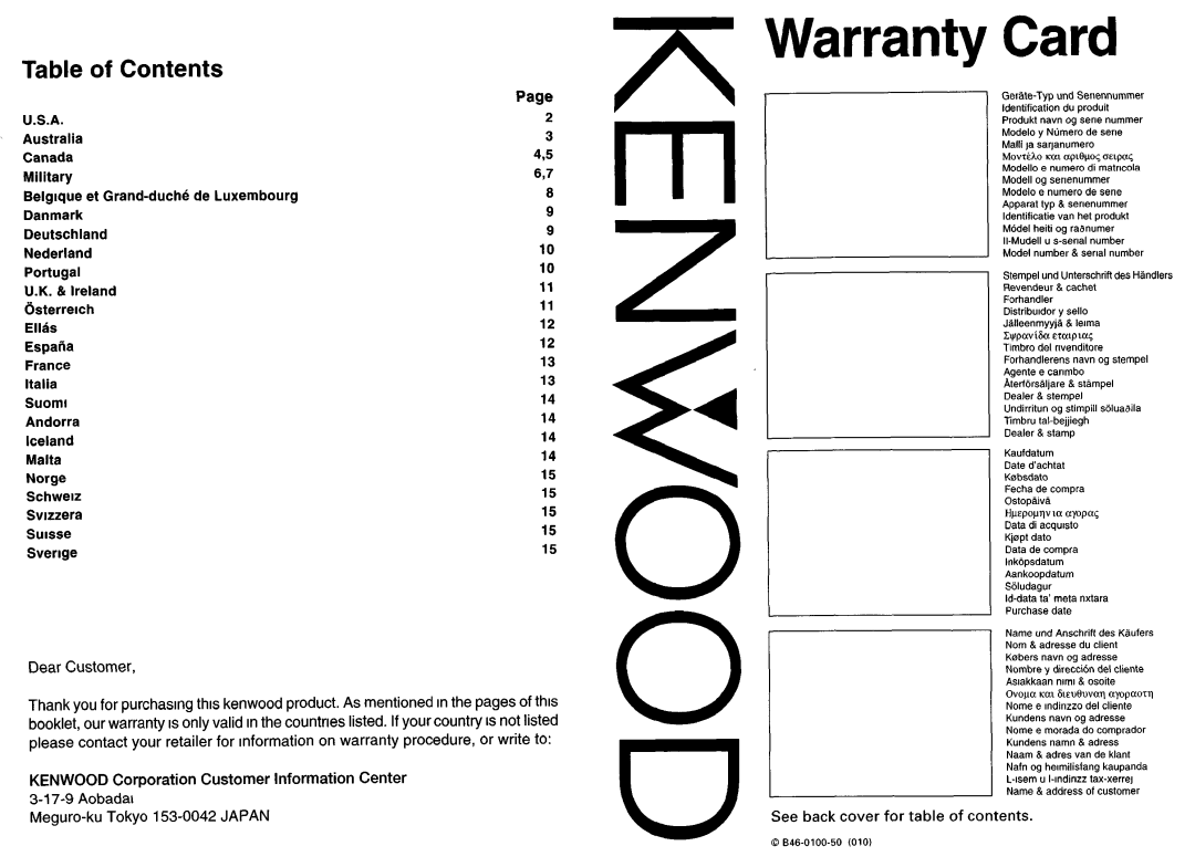 Kenwood KDC-X617, KDC-516S, KDC-57MR, KDC-V6017 instruction manual of Contents, Warranty Card 