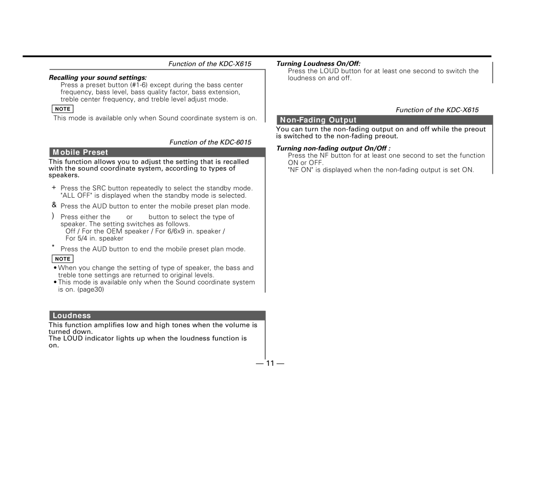 Kenwood KDC-515S, KDC-6015, KDC-X615 instruction manual Mobile Preset, Loudness, Non-Fading Output 