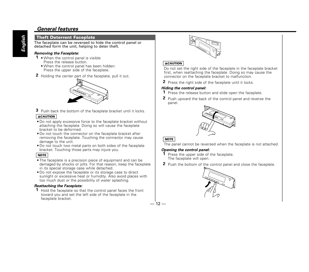 Kenwood KDC-6015 Theft Deterrent Faceplate, Removing the Faceplate, Reattaching the Faceplate, Hiding the control panel 