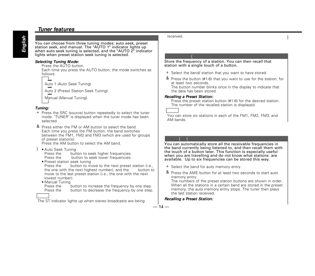 Kenwood KDC-515S, KDC-6015, KDC-X615 instruction manual Tuning, Station Preset Memory, Auto Memory Entry 