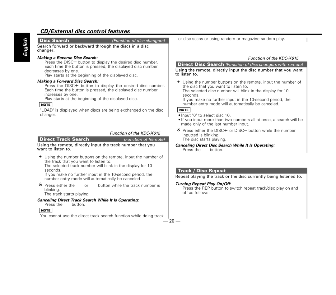 Kenwood KDC-515S, KDC-6015, KDC-X615 Track / Disc Repeat, Making a Reverse Disc Search, Making a Forward Disc Search 