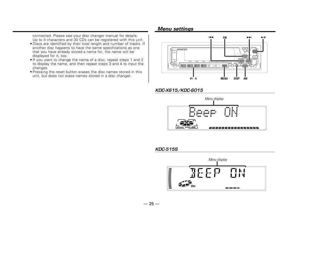 Kenwood KDC-X615, KDC-6015, KDC-515S instruction manual Menu settings 