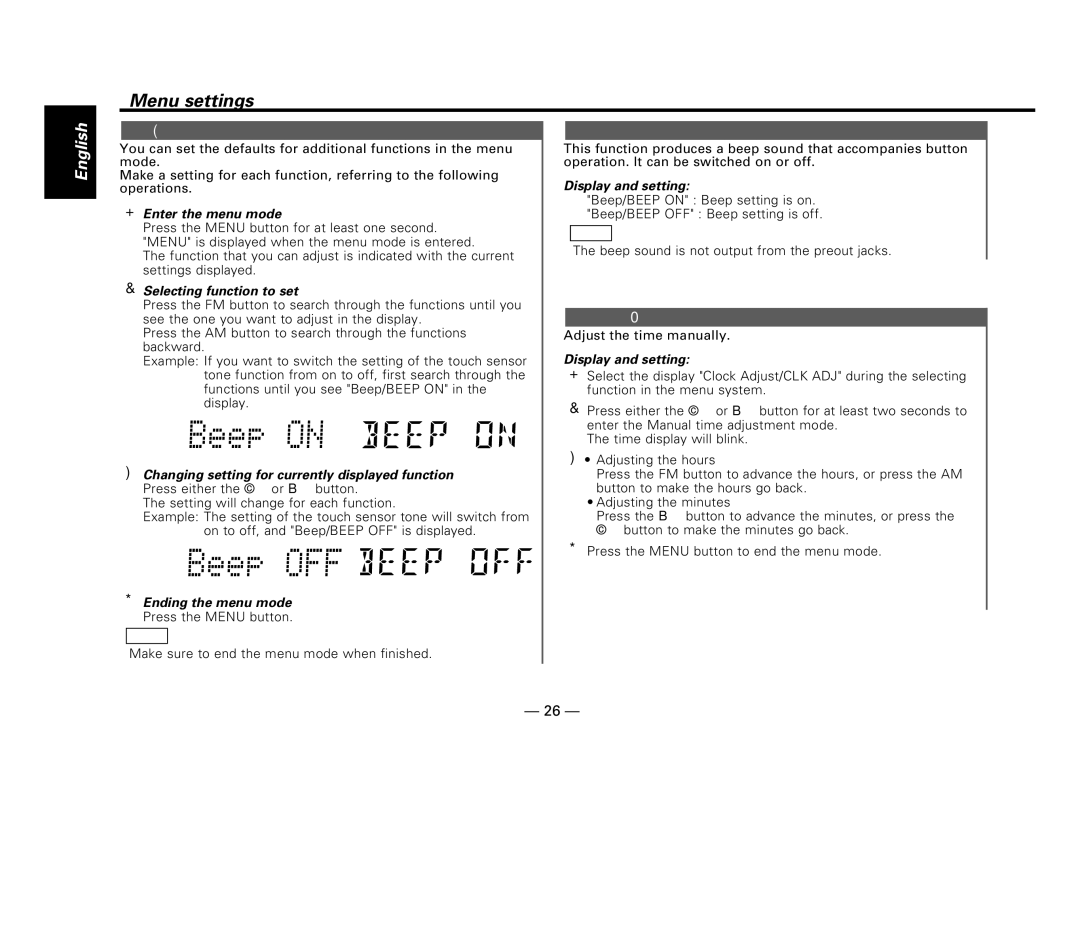 Kenwood KDC-515S, KDC-6015, KDC-X615 instruction manual Menu System, Touch Sensor Tone, Manual Time Adjustment 