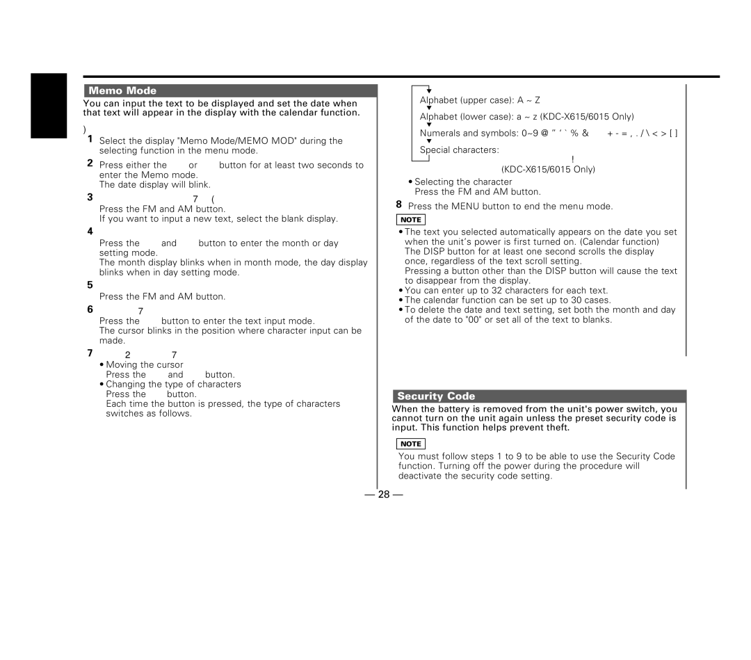 Kenwood KDC-X615, KDC-6015 Memo Mode, Security Code, Entering the month or day setting mode, Inputting / Changing the text 