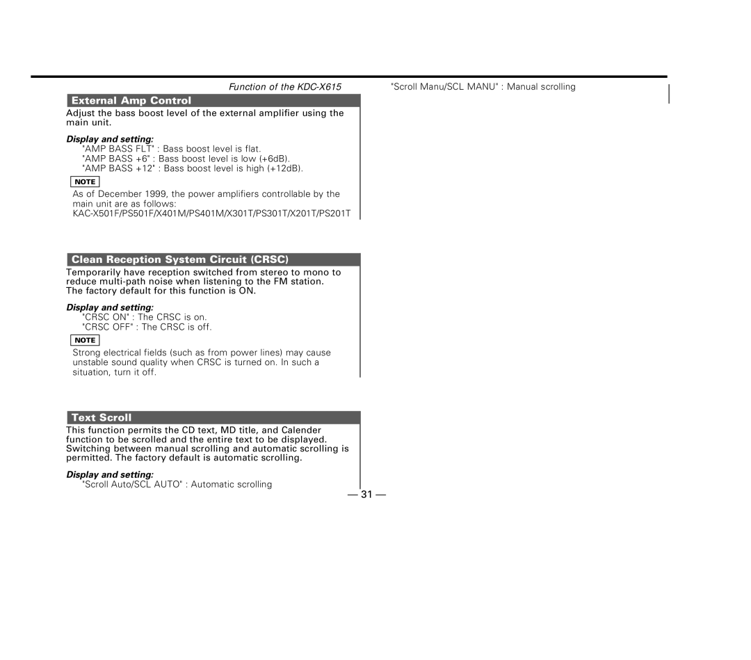 Kenwood KDC-X615, KDC-6015, KDC-515S instruction manual External Amp Control, Clean Reception System Circuit Crsc 