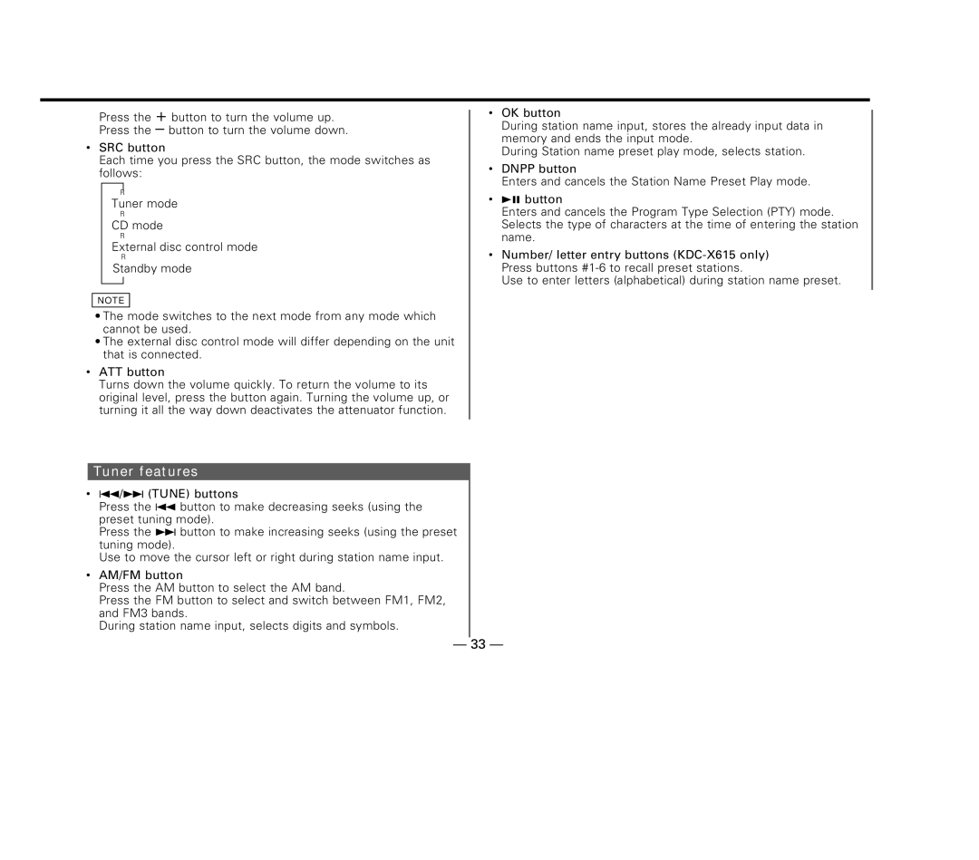 Kenwood KDC-6015, KDC-X615, KDC-515S instruction manual Tuner features 
