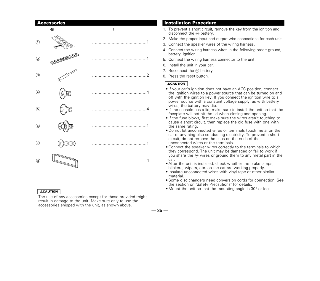 Kenwood KDC-515S, KDC-6015, KDC-X615 instruction manual Accessories, Installation Procedure 