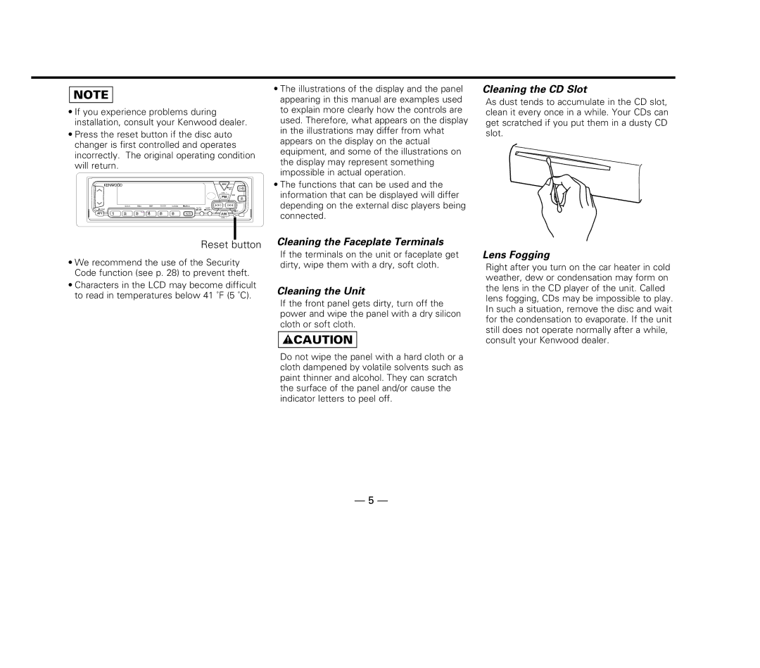 Kenwood KDC-515S, KDC-6015 Cleaning the Faceplate Terminals, Cleaning the Unit, Cleaning the CD Slot, Lens Fogging 