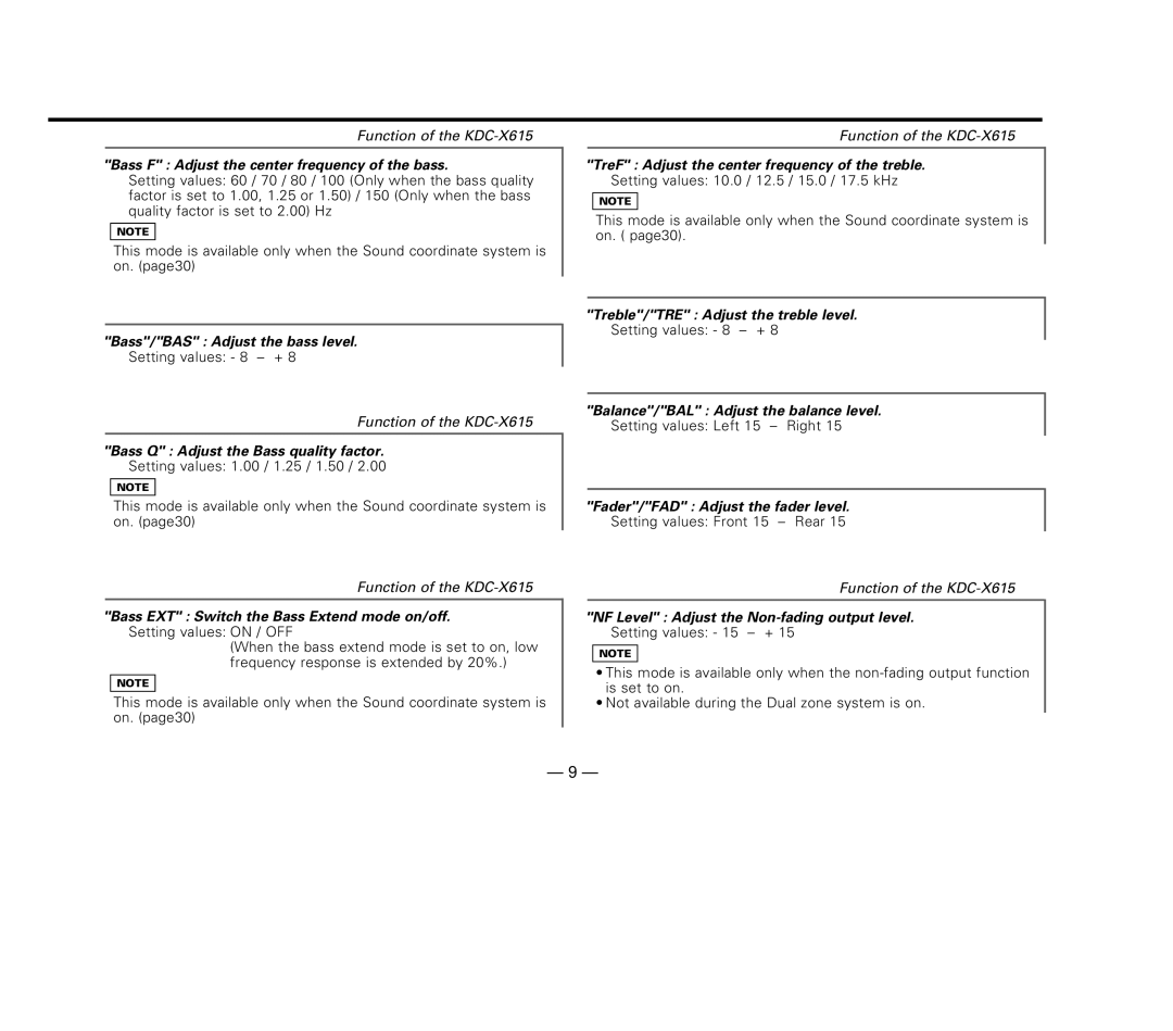 Kenwood KDC-6015, KDC-X615, KDC-515S Bass F Adjust the center frequency of the bass, Bass/BAS Adjust the bass level 
