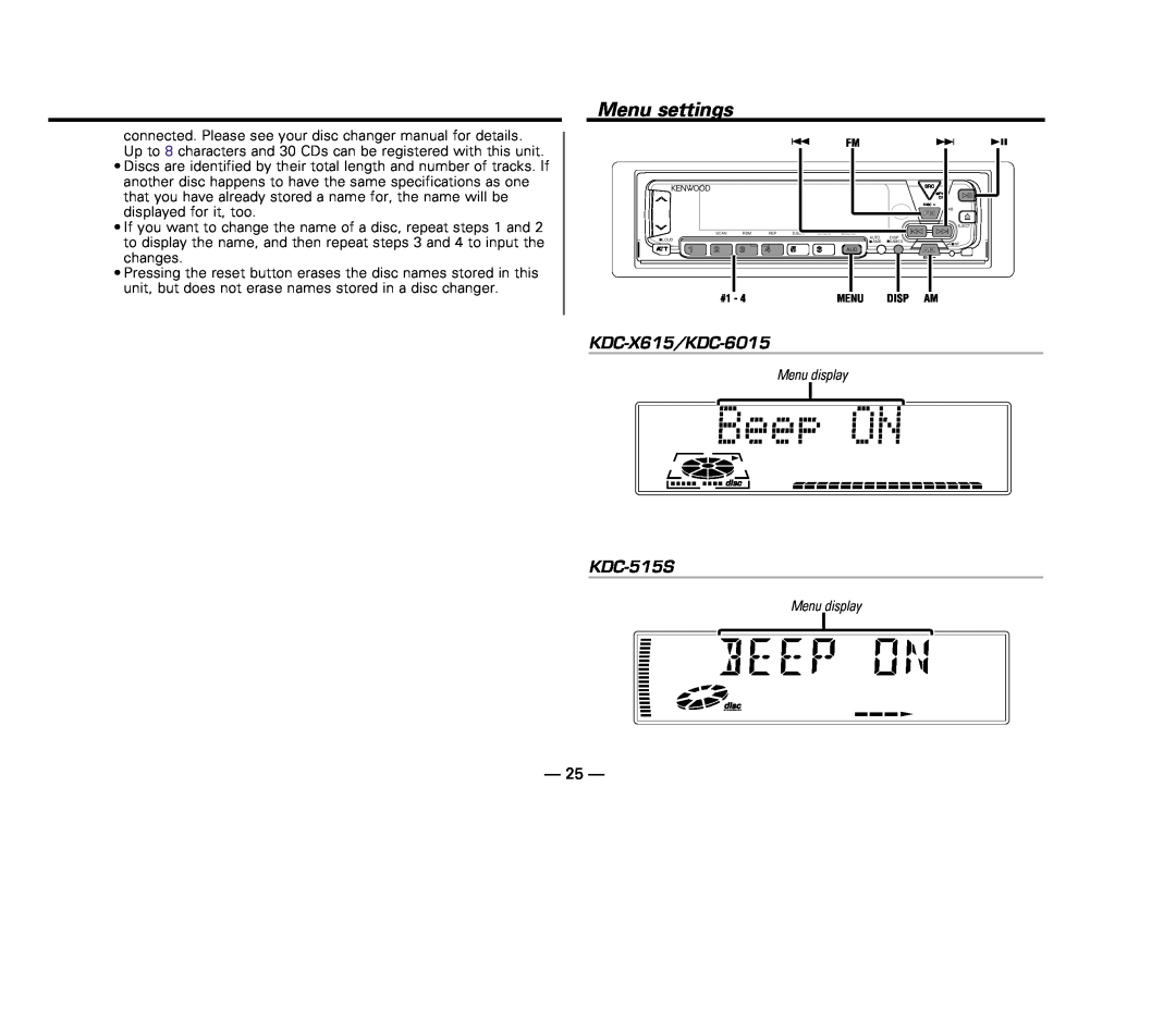 Kenwood instruction manual Menu settings, KDC-X615/KDC-6015, KDC-515S, Menu display 