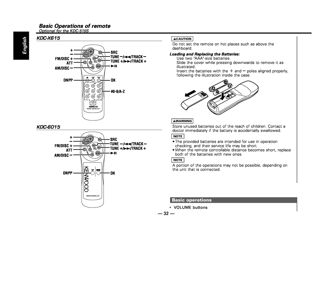 Kenwood Basic Operations of remote, KDC-X615, KDC-6015, Basic operations, English, Optional for the KDC-515S, Fm/Disc + 