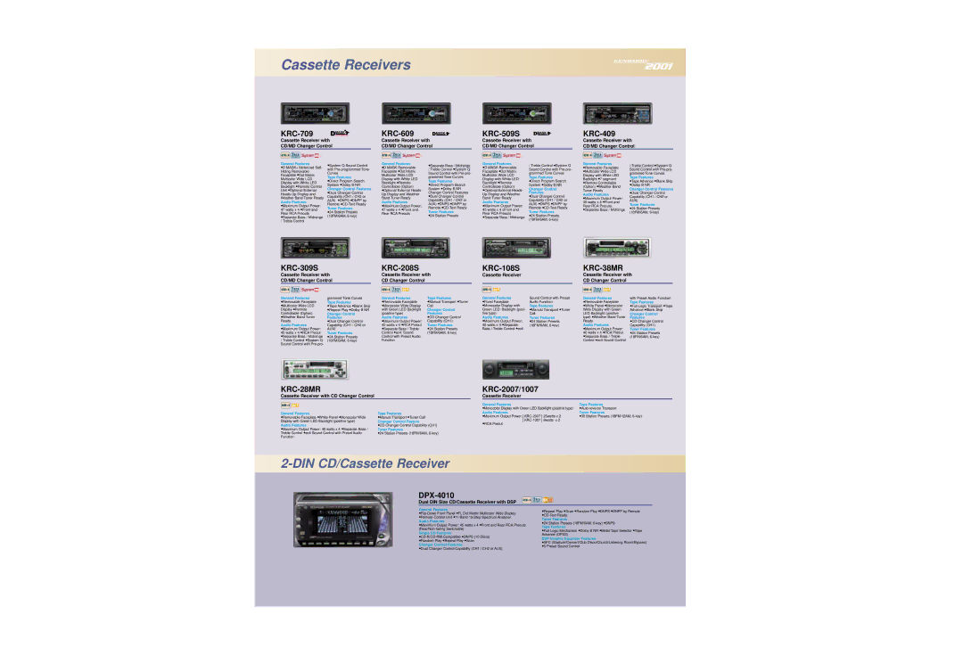 Kenwood KDC-9017 manual Cassette Receivers, DIN CD/Cassette Receiver, KRC-38MR, KRC-28MR 