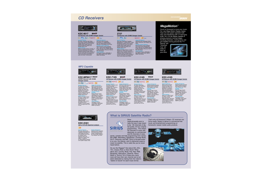 Kenwood KDC-9017 manual CD Receivers, MegaMotion, What is SIRIUS Satellite Radio?, MP3 Capable 