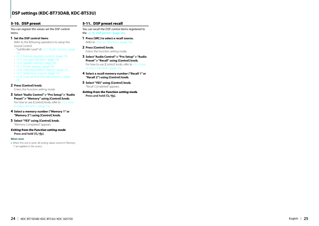 Kenwood KDC-BT73DAB appendix DSP preset recall, You can register the values set the DSP control items 