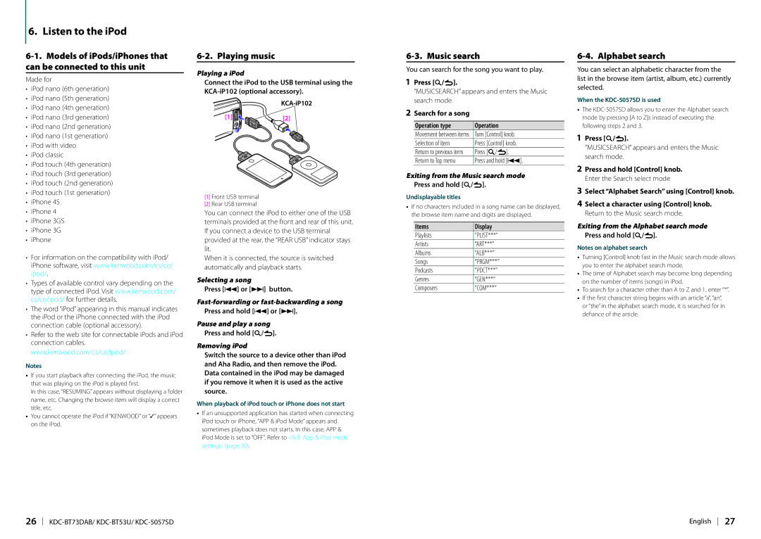Kenwood KDC-BT73DAB appendix Listen to the iPod, Models of iPods/iPhones that can be connected to this unit, Playing music 