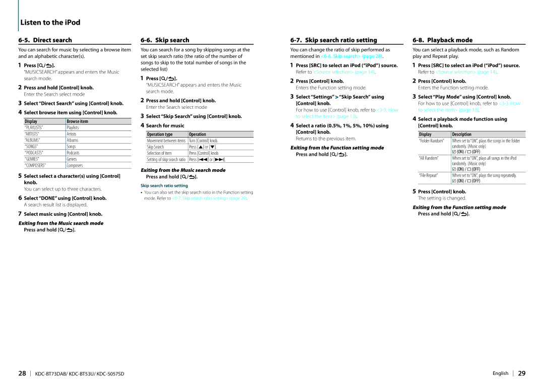 Kenwood KDC-BT73DAB appendix Direct search, Skip search ratio setting, Playback mode 