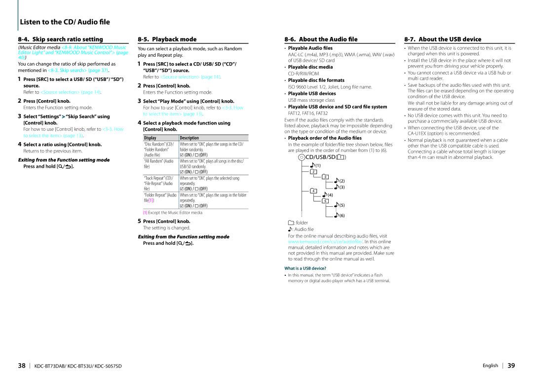 Kenwood KDC-BT73DAB appendix About the Audio file, About the USB device 