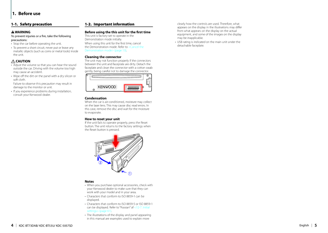 Kenwood KDC-BT73DAB appendix Before use, Safety precaution, Important information 