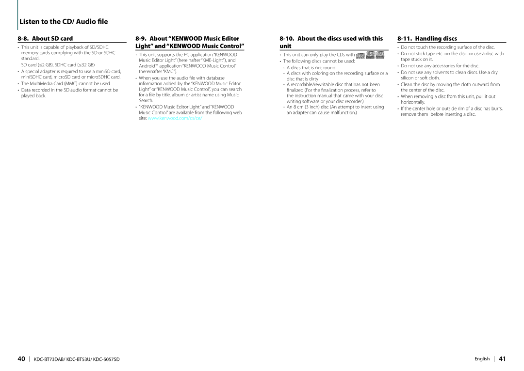 Kenwood KDC-BT73DAB appendix About SD card, About Kenwood Music Editor Light and Kenwood Music Control, Handling discs 