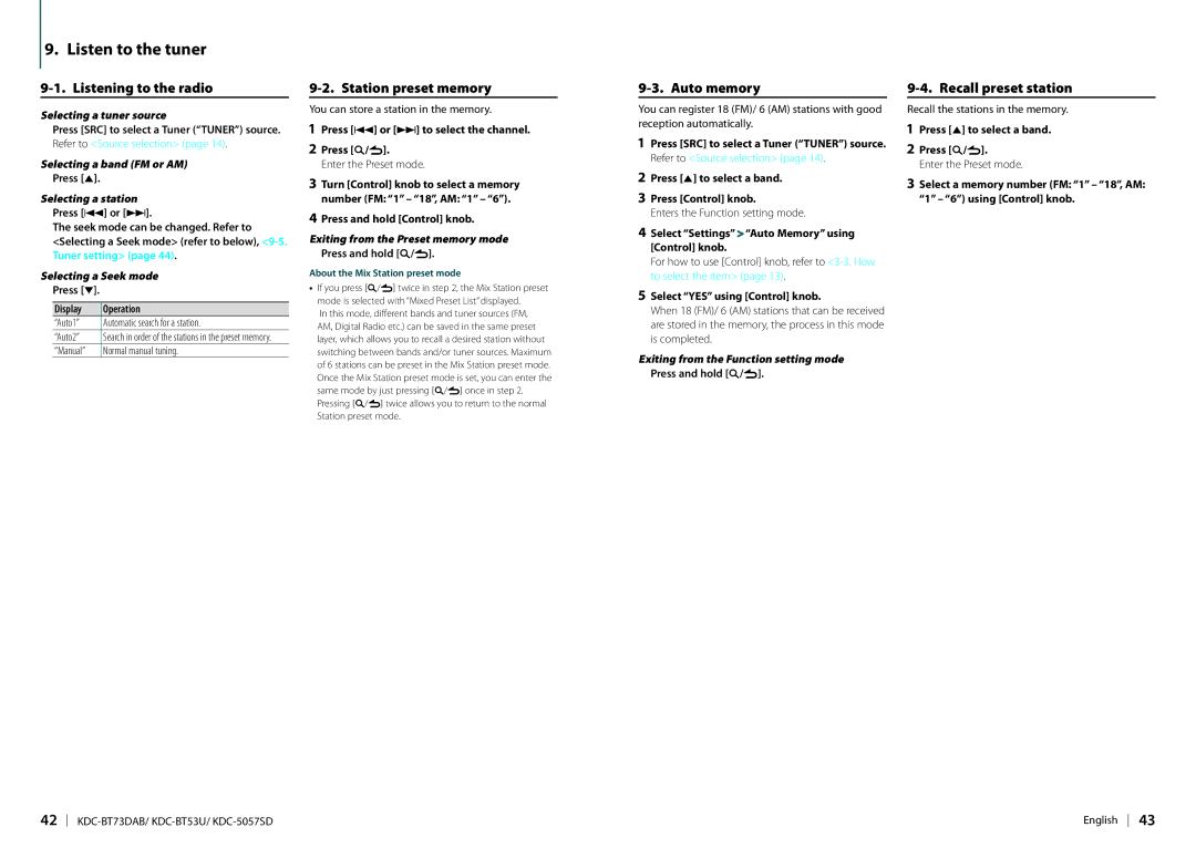 Kenwood KDC-BT73DAB appendix Listen to the tuner, Listening to the radio, Station preset memory, Recall preset station 
