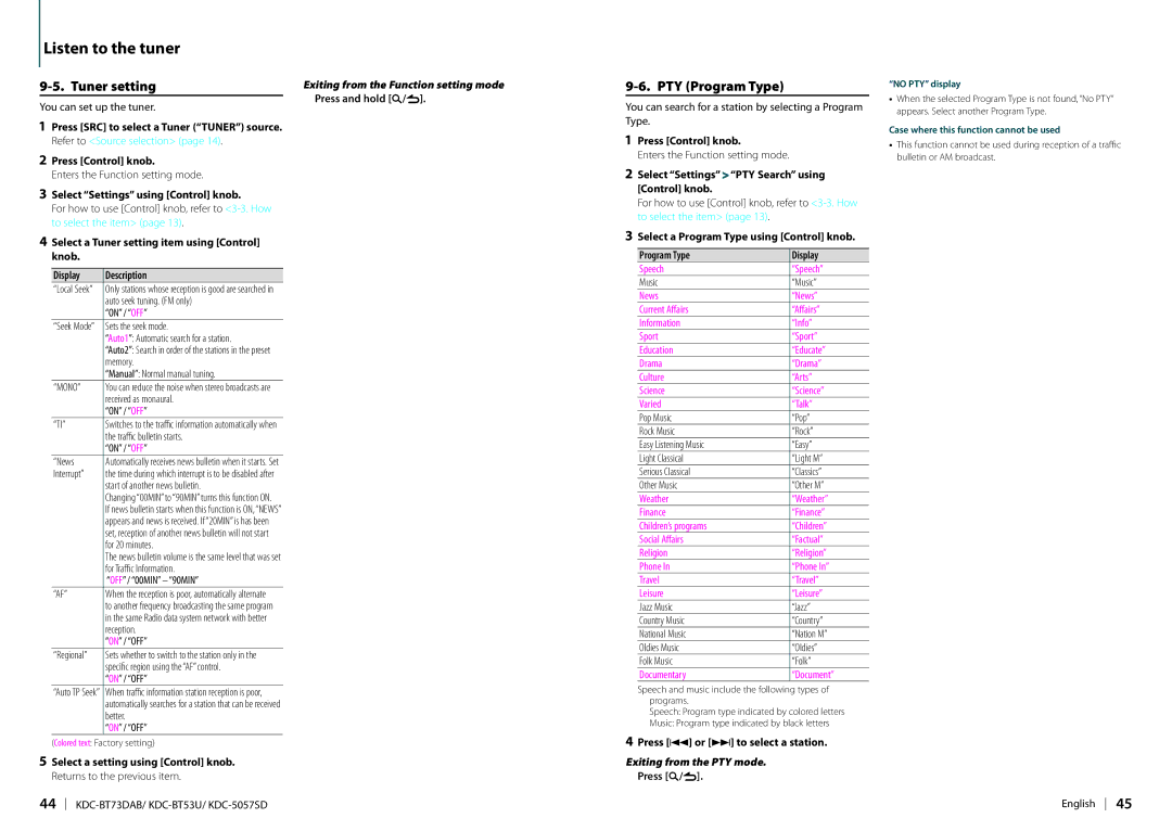 Kenwood KDC-BT73DAB appendix Tuner setting, PTY Program Type, Exiting from the PTY mode 