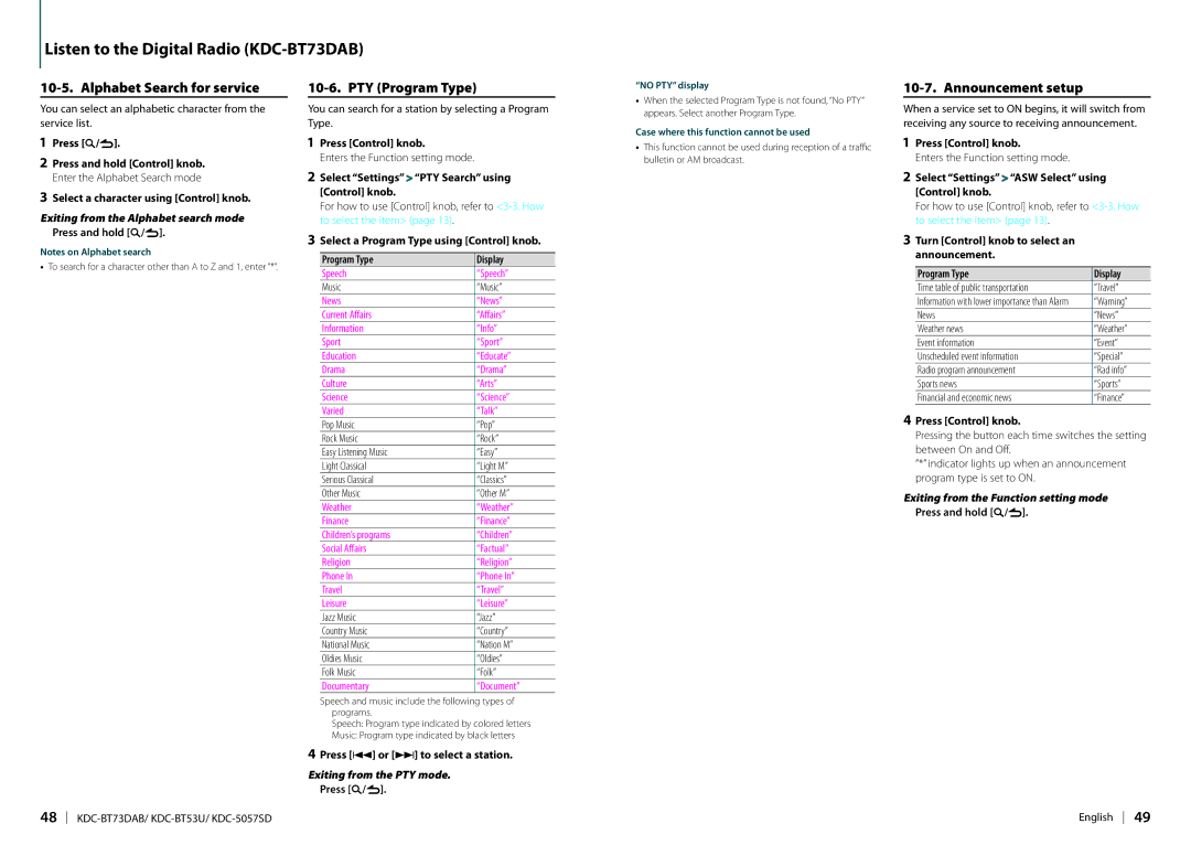 Kenwood KDC-BT73DAB appendix Alphabet Search for service, Announcement setup, Select a character using Control knob 