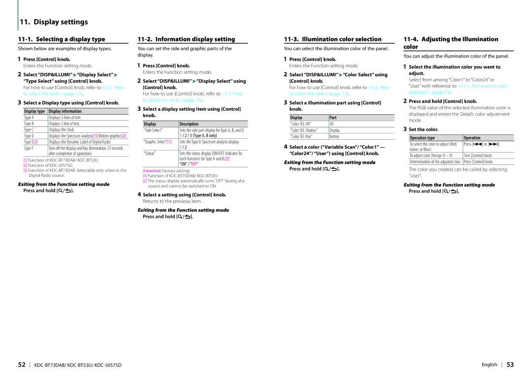 Kenwood KDC-BT73DAB Display settings, Selecting a display type, Information display setting, Illumination color selection 