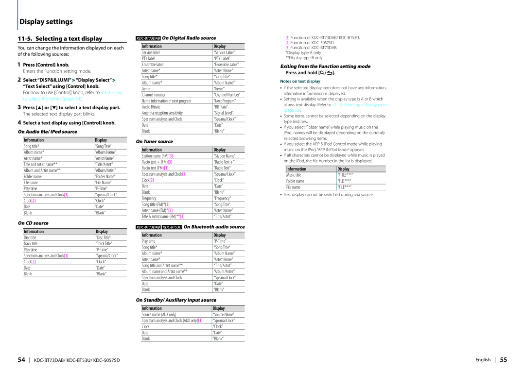 Kenwood KDC-BT73DAB appendix Selecting a text display 