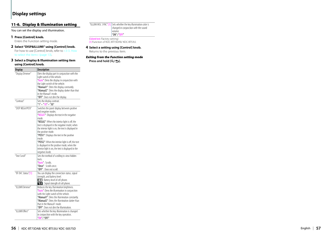 Kenwood KDC-BT73DAB appendix Display & Illumination setting, Disp NEGA/POSI 