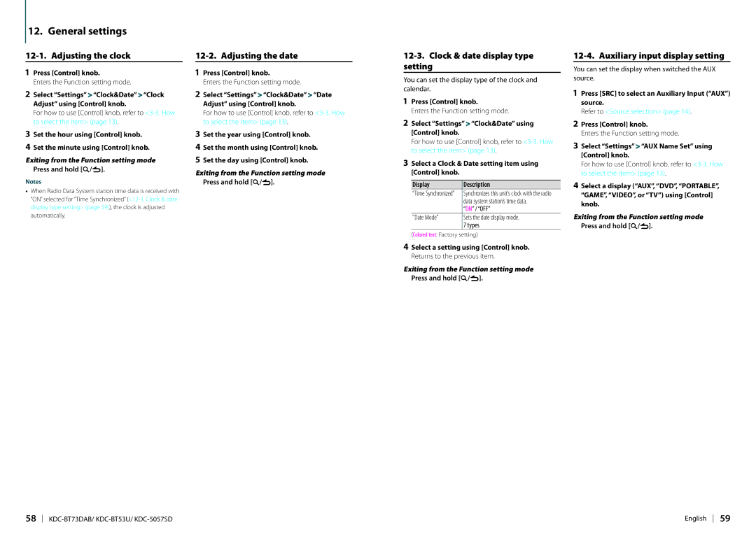 Kenwood KDC-BT73DAB appendix General settings, Adjusting the clock, Adjusting the date, Clock & date display type setting 