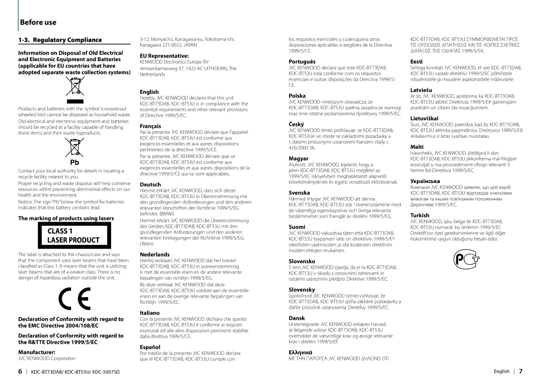 Kenwood KDC-BT73DAB appendix Regulatory Compliance 